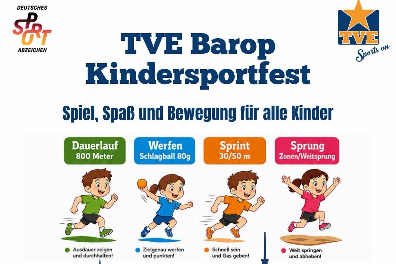Plakat für das TVE Barop Kindersportfest mit Informationen zu Aktivitäten, Datum, Uhrzeit und Anmeldedetails.